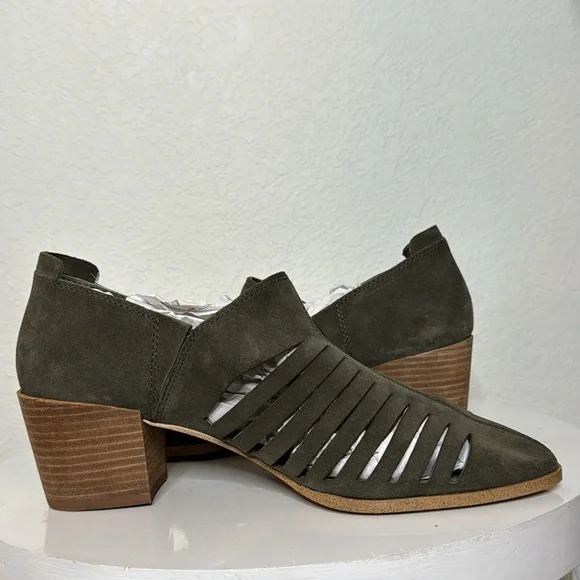 1. STATE ARNET OLIVE SUEDE LASER CUT POINTED TOE HEELED ANKLE BOOTIE - Picture 6 of 14